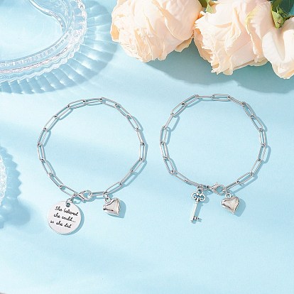 2шт 304 браслеты с подвесками из нержавеющей стали для женщин, сердце и ключ и плоский круглый, с цинковым сплавом застежками омаров коготь