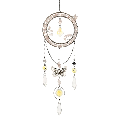 Virutas de cuarzo rosa natural, anillo de metal y atrapasoles de mariposa., Adornos de cono de vidrio para colgar en la ventana, prismas decorativos para captar la luz