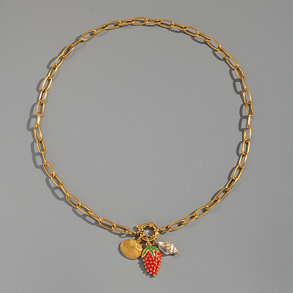 Европейский стиль 304 Женские ожерелья с подвесками в виде красной клубники и натуральных ракушек из нержавеющей стали