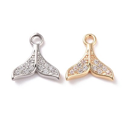 Brass Micro Pave Clear Cubic Zirconia Charms, Cadmium Free & Lead Free, Fishtail Shaped