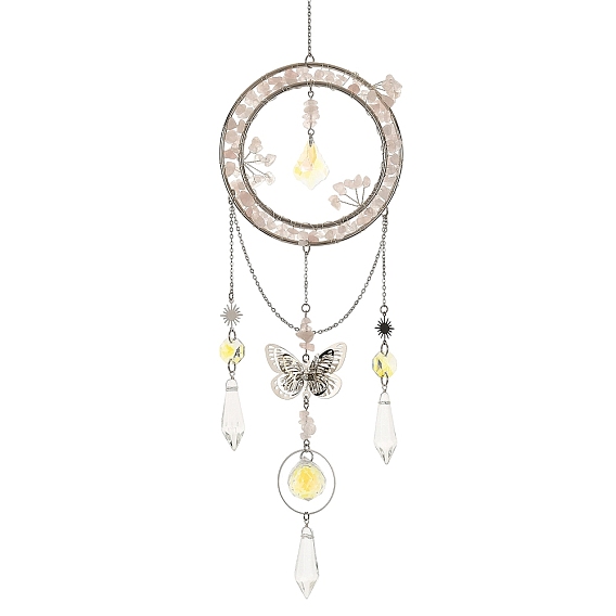 Natural Rose Quartz Chips & Metal Ring & Butterfly Suncatchers, Glass Cone Charms Window Hanging Prism Light Catcher Decor