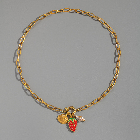 Европейский стиль 304 Женские ожерелья с подвесками в виде красной клубники и натуральных ракушек из нержавеющей стали