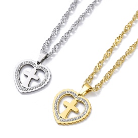 304 Stainless Steel Singapore Chain Necklaces, Rhinestone Heart Pendant Necklaces