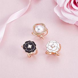 3Pcs 3 Style Natural Pearl Scarf Clip Buckles Rings, Enamel Camellia Clothing Wrap Clasp Holder, Alloy Cloth Accessories for Women