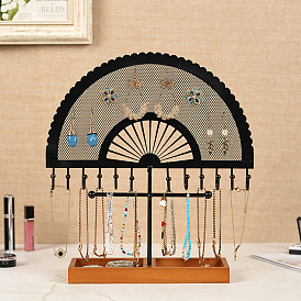 Fan Shaped Iron Jewelry Display Stands wtih Wooden Tray, Jewelry Organizer Holder for Earrings, Bracelet, Necklace Storage