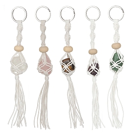 Waxed Cotton Cord Braided Macrame Pouch Gemstone Holder Keychain, with Wood Beads and 304 Stainless Steel Split Key Rings