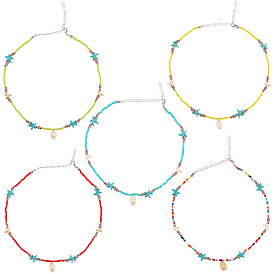 5 шт. 5 летние ожерелья с подвесками из натуральных ракушек каури, Колье Satrfish из синтетической бирюзы и стеклянных бусин