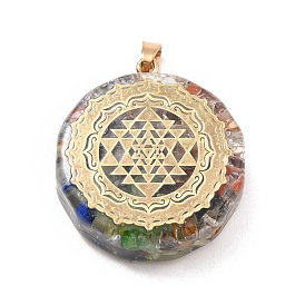 Transparent Resin Pendants, with Chip Gemstone Beads and Alloy Findings, Flat Round