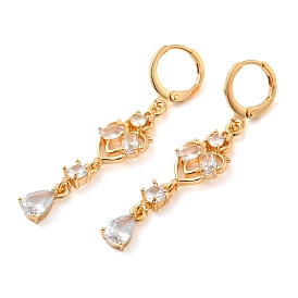 Rack Plating Golden Brass Dangle Leverback Earrings, with Cubic Zirconia, Flower