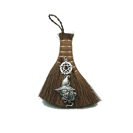 Witch Altar Broom Charm Ornament, Mane Broomstick for Magic Ceremonial, Halloween Wiccan Ritual, with Alloy Triple Moon Goddess