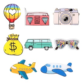 8 шт 8 акриловые безопасные броши в стиле, с пин железа, сумка для денег, воздушный шар, очки, фламинго, фотоаппарат, автобус, пассажирский самолет, аэробус