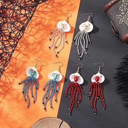 3 Pairs 304 Stainless Steel Dyed Synthetic Turquoise & Natural Black Onyx & Glass Seed Beaded Dangle Earrings, Shell Shape with Skull, Golden