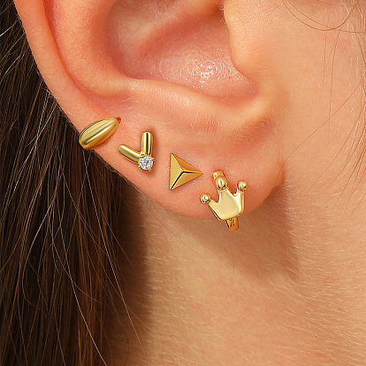4pcs boucles d'oreilles à tige en argent sterling pour la Saint-Valentin, triangle et couronne et en forme de V et ovale, avec de la zircone cubique clair