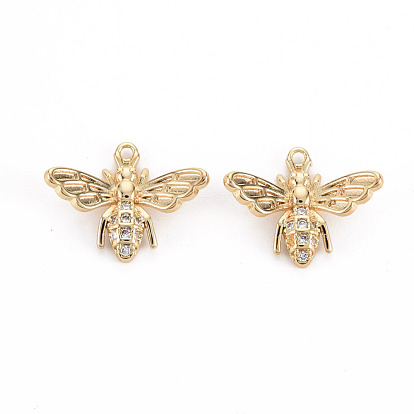 Brass Micro Pave Clear Cubic Zirconia Charms, Nickel Free, Bee