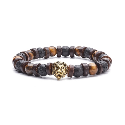 Natural Coconut & Lava Rock & Tiger Eye Stretch Bracelet with Alloy Lion, Gemstone Jewelry for Women