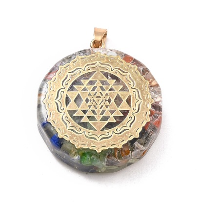 Transparent Resin Pendants, with Chip Gemstone Beads and Alloy Findings, Flat Round