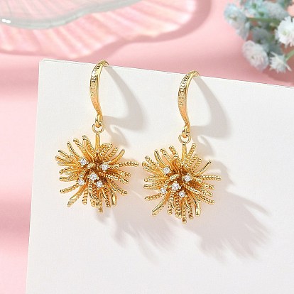 Brass Micro Pave Clear Cubic Zirconia Dangle Earrings for Women, Flower