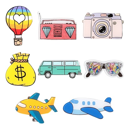 8Pcs 8 Style Acrylic Safety Brooches, with Iron Pin, Moneybag & Hot-air Balloon & Glasses & Flamingo & Camera & Bus & Passenger Airplane & Aerobus