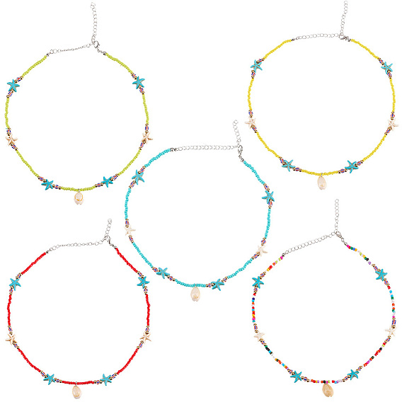 5 шт. 5 летние ожерелья с подвесками из натуральных ракушек каури, Колье Satrfish из синтетической бирюзы и стеклянных бусин