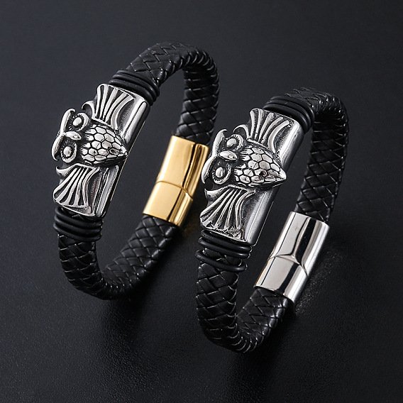 Браслеты из плетеного шнура из искусственной кожи в стиле панк, 304 Браслеты с подвесками в виде совы из нержавеющей стали для мужчин, с магнитной застежкой
