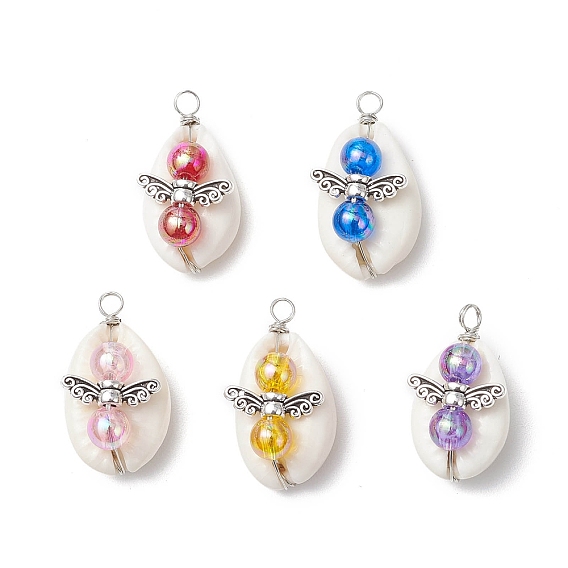 Подвески в виде ангела из натуральной ракушки каури и прозрачного акрила, с медной проволокой и крыльями из сплава в тибетском стиле, старинное серебро и платина