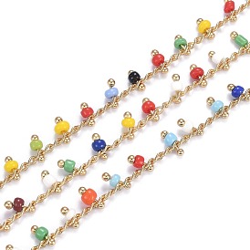 Laiton chaînes de perles de verre à la main, avec bobine, soudé, plaqué longue durée, réel 18 k plaqué or, rondelle