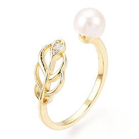 Natural Pearl Open Cuff  Ring Micro Pave Clear Cubic Zirconia, Brass Finger Rings, Leaf