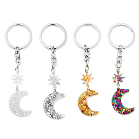 Porte-clés en acier inoxydable, avec des pendentifs en acrylique, lune