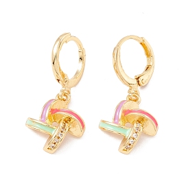 Enamel Windmill Dangle Leverback Earrings with Clear Cubic Zirconia, Real 18K Gold Plated Brass Drop Earrings, Lead Free & Cadmium Free