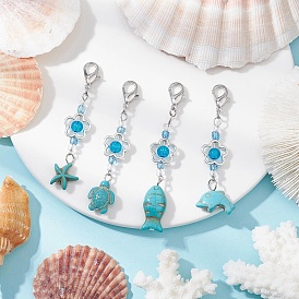 Подвеска в виде морской звезды, черепахи, рыбы, дельфина из синтетической бирюзы, со стеклянными бусинами из цветочного сплава и застежками-клешнями