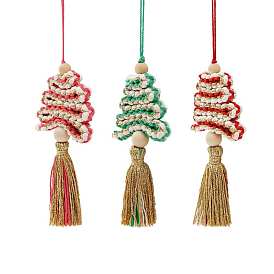 Christmas Tree Handmade Macrame Cotton Woven Pendant Decorations, Wood Bead Tassel Charms for Car Mirror Hanging Accessories