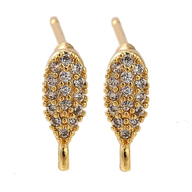 Brass Clear Cubic Zirconia Stud Earrings Finding for Women, Leaf, with Loop