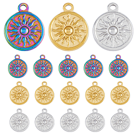 18Pcs 3 Colors 304 Stainless Steel Pendants, Flat Round with Sun