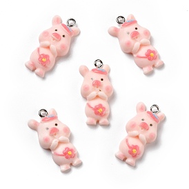 Opaque Resin Pendants, with Platinum Tone Iron Loops, Pig with Flower