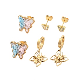 Ion Plating(IP) 3Pairs 3 Styles 304 Stainless Steel Butterfly Earrings, with Rhinestone & Resin for Women