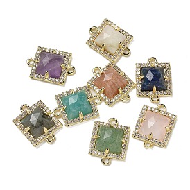 Natural Gemstone Faceted Square Links, Rack Plating Brass Micro Pave Clear Cubic Zirconia Connector Charms, Golden