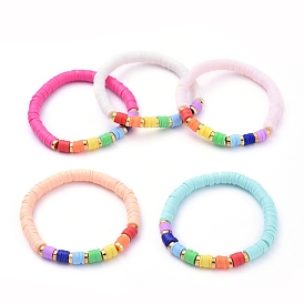 Bracelets élastiques faits à la main de perles heishi en pâte polymère, avec des perles en alliage de style tibétain