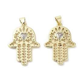Rack Plating Hamsa Hand Brass Micro Pave Cubic Zirconia Pendants, Cadmium Free & Lead Free, Long-Lasting Plated, Real 18K Gold Plated