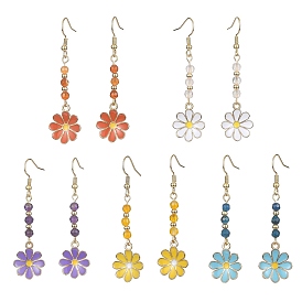 Dyed Natural Mixed Gemstone Beaded Dangle Earrings, Flower Alloy Enamel Long Drop Earrings with 304 Stainless Steel Pins