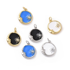 Rack Plating Brass Micro Pave Cubic Zirconia Pendants, with Enamel and Jump Ring, Long-Lasting Plated, Cadmium Free & Lead Free, Flat Round & Sun & Moon