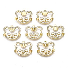 Brass Micro Pave Clear Cubic Zirconia Pendants, Rack Plating, Nickel Free, Tiger