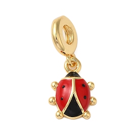 Rack Plating Brass FireBrick Enamel European Dangle Charms, Ladybug Large Hole Pendants, Cadmium Free & Lead Free, Long-Lasting Plated