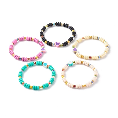 Handmade Polymer Clay Beads Stretch Bracelets, with Brass Spacer Beads and Glass Seed Beads, Heart