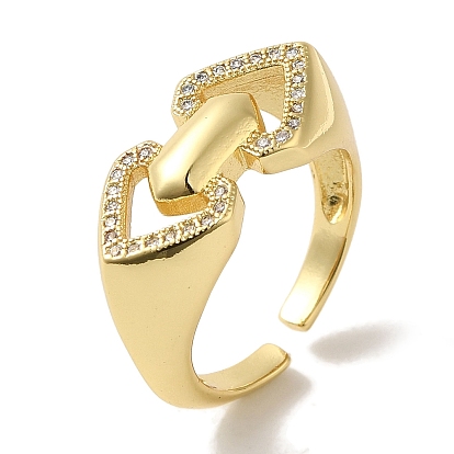 Rack Plating Brass Micro Pave Clear Cubic Zirconia Cuff Ring, Heart Open Ring for Women, Cadmium Free & Lead Free, Long-Lasting Plated