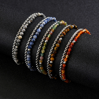 Natural Stone Round Beaded 2-Strand Bracelets with 201 Stainless Steel Box Chains for Men Women, Stainless Steel Color