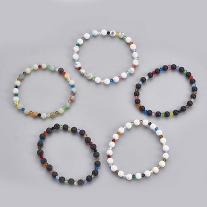 Gemstone Beads Stretch Bracelets, with Faceted Bicone Crystal Czech Glass Beads, Round