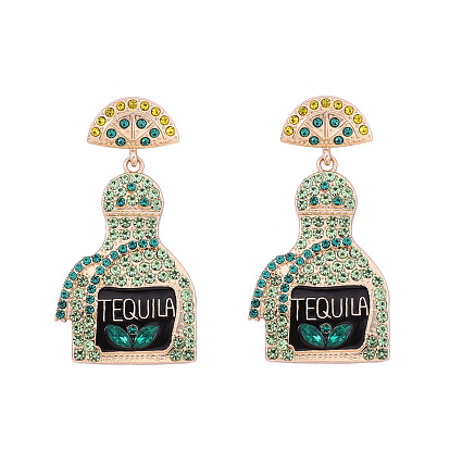 Серьги-гвоздики с подвесками из цинкового сплава со стразами, Флакон духов, с эмалью, золотые