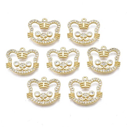 Brass Micro Pave Clear Cubic Zirconia Pendants, Rack Plating, Nickel Free, Tiger