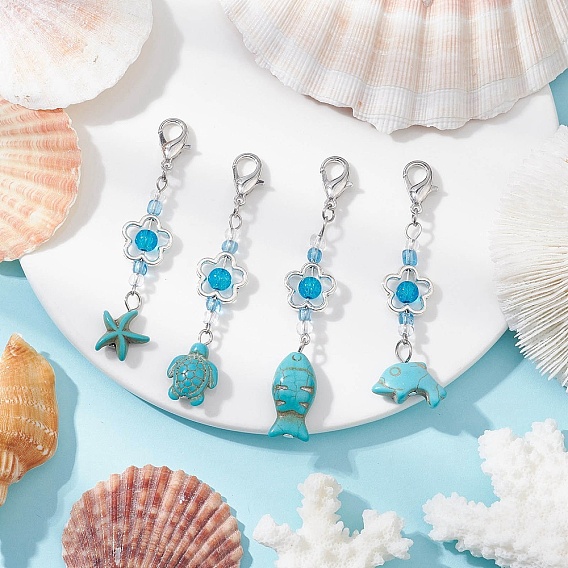 Подвеска в виде морской звезды, черепахи, рыбы, дельфина из синтетической бирюзы, со стеклянными бусинами из цветочного сплава и застежками-клешнями