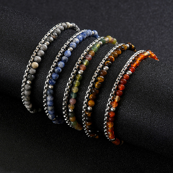 Natural Stone Round Beaded 2-Strand Bracelets with 201 Stainless Steel Box Chains for Men Women, Stainless Steel Color